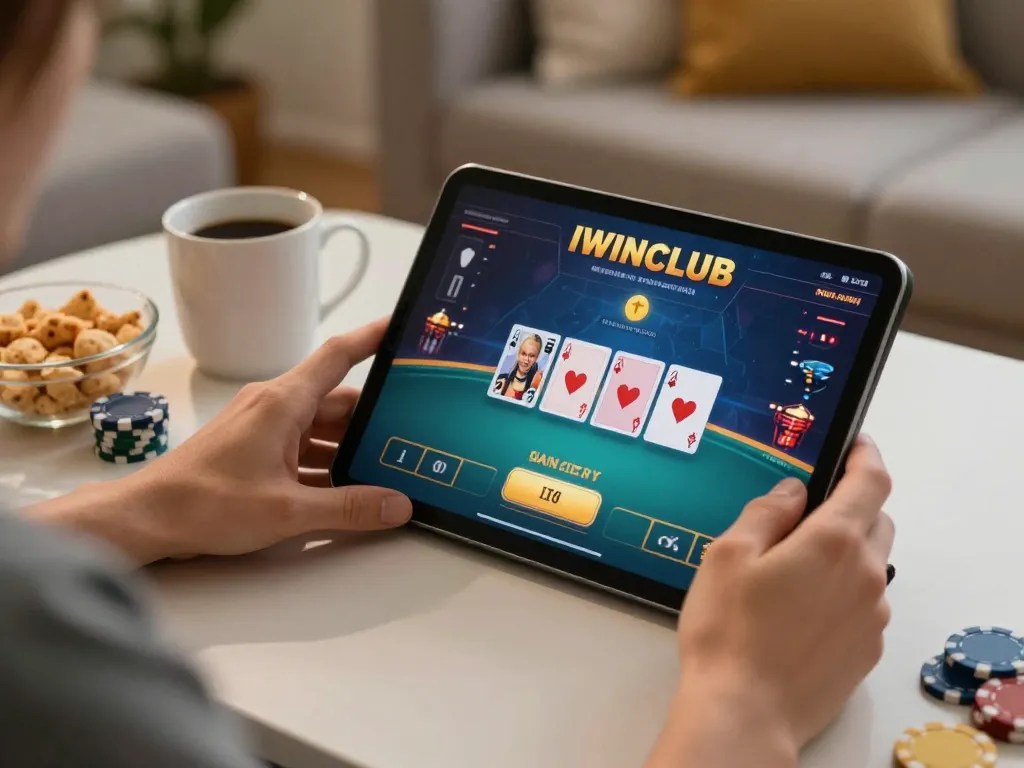 IWINCLUB player engaging in poker strategy at home with tablet interface