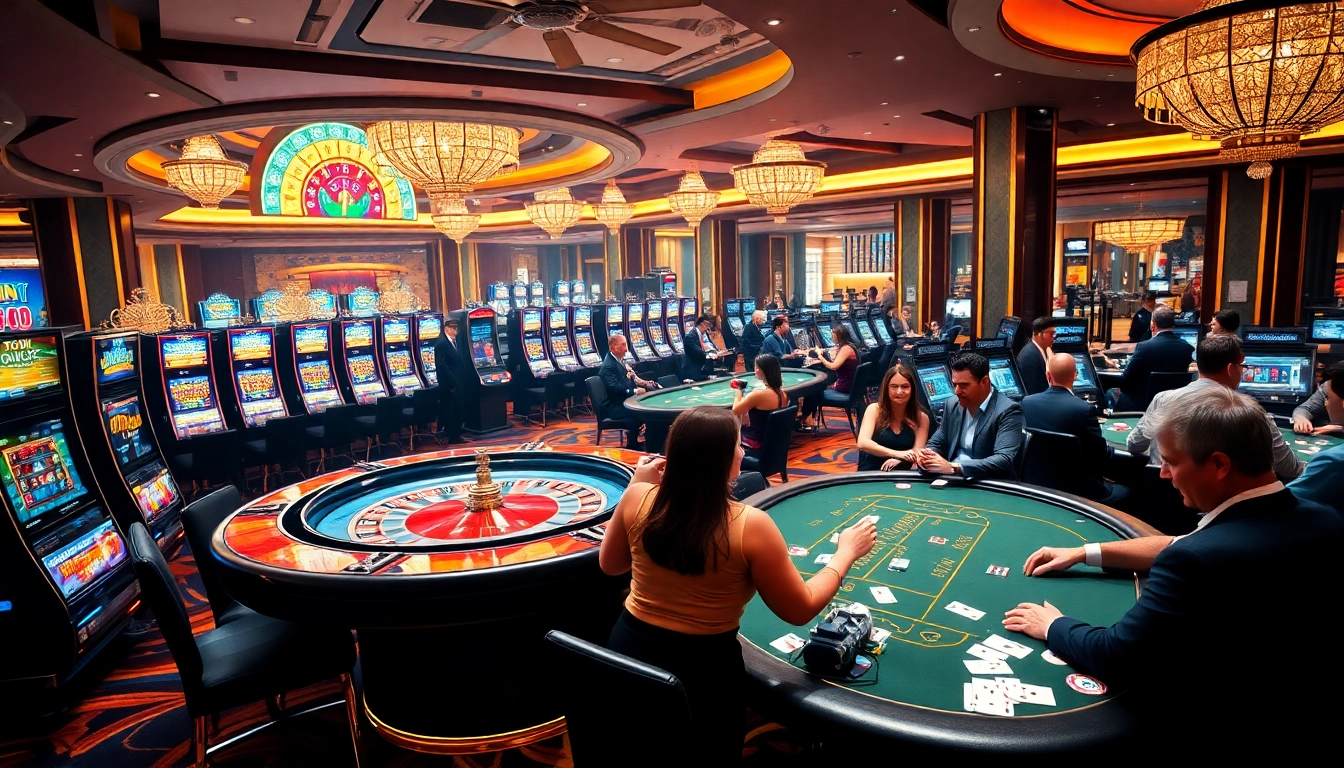 Engaged players enjoying 8kbet in a luxurious casino atmosphere with vibrant slot machines.