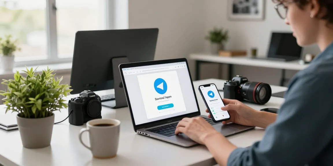 Engaging workspace scene illustrating a user exploring Download Telegram on multiple devices in a modern office.