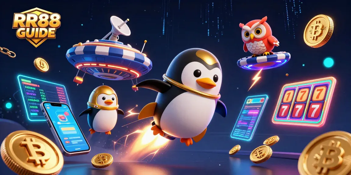 Win big with the RR88 GUIDE as a golden penguin rockets through a casino galaxy.