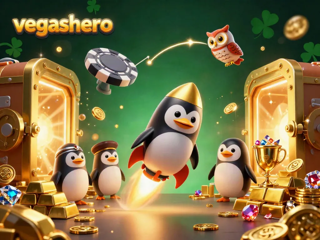 Engaging vegashero illustration with rich casino themes showcasing a rocket-powered penguin amidst gems and gold.