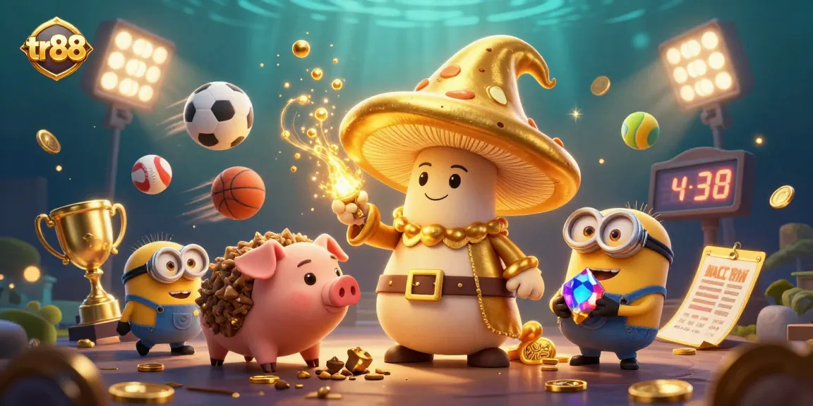Experience exciting gaming with tr88's golden wizard and truffle pig in a dazzling casino scene, surrounded by dynamic sports elements.