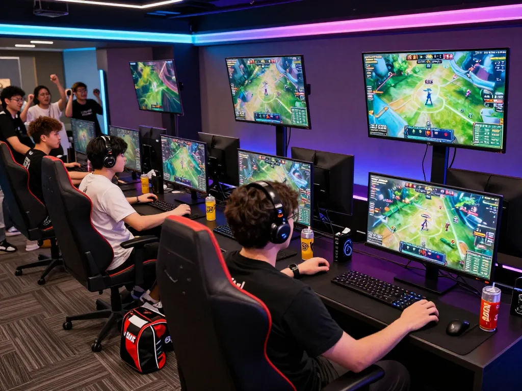 Engaging iWinclub games esports competition with players and vibrant lighting.