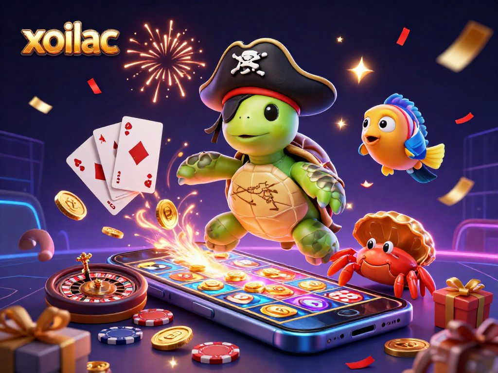 Experience gaming excitement with xoilac's vibrant 3D illustration featuring a pirate turtle and captivating casino elements.