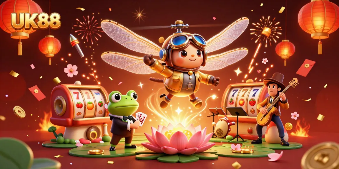 Engage with UK88's thrilling slots through a vibrant dragonfly pilot and frog dealer scene.