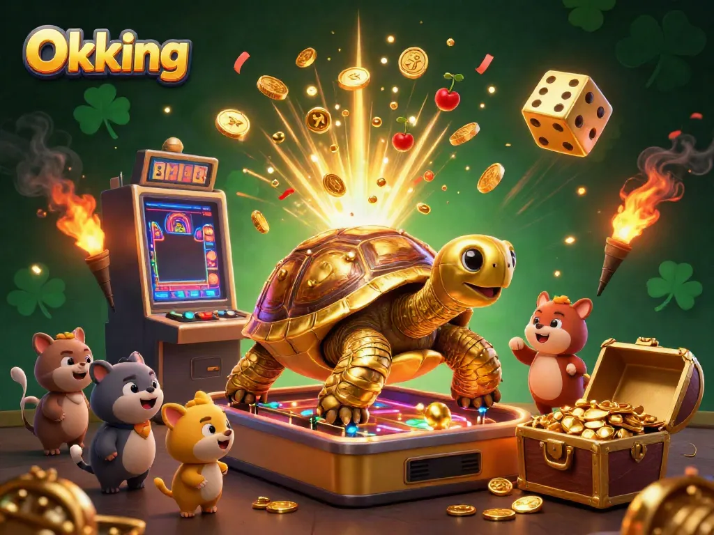 Experience thrilling gaming adventures with Okking's dynamic jackpot scenes featuring an impressive golden tortoise and exciting elements!