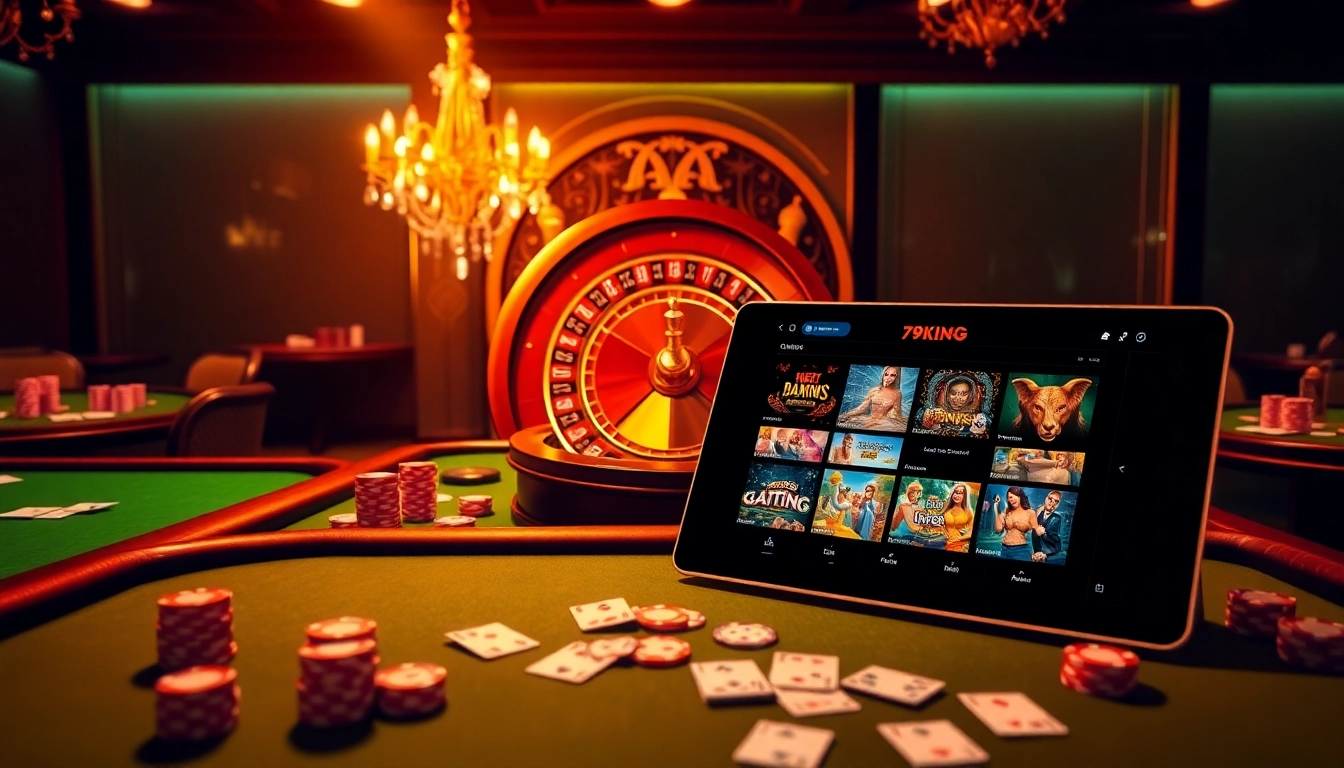 Experience thrilling gameplay at 79KING with colorful casino tables and a roulette wheel.