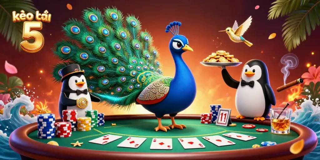 Experience thrilling poker action in the colorful kèo nhà cái 5 illustration with gem-feathered peacock and golden chips.