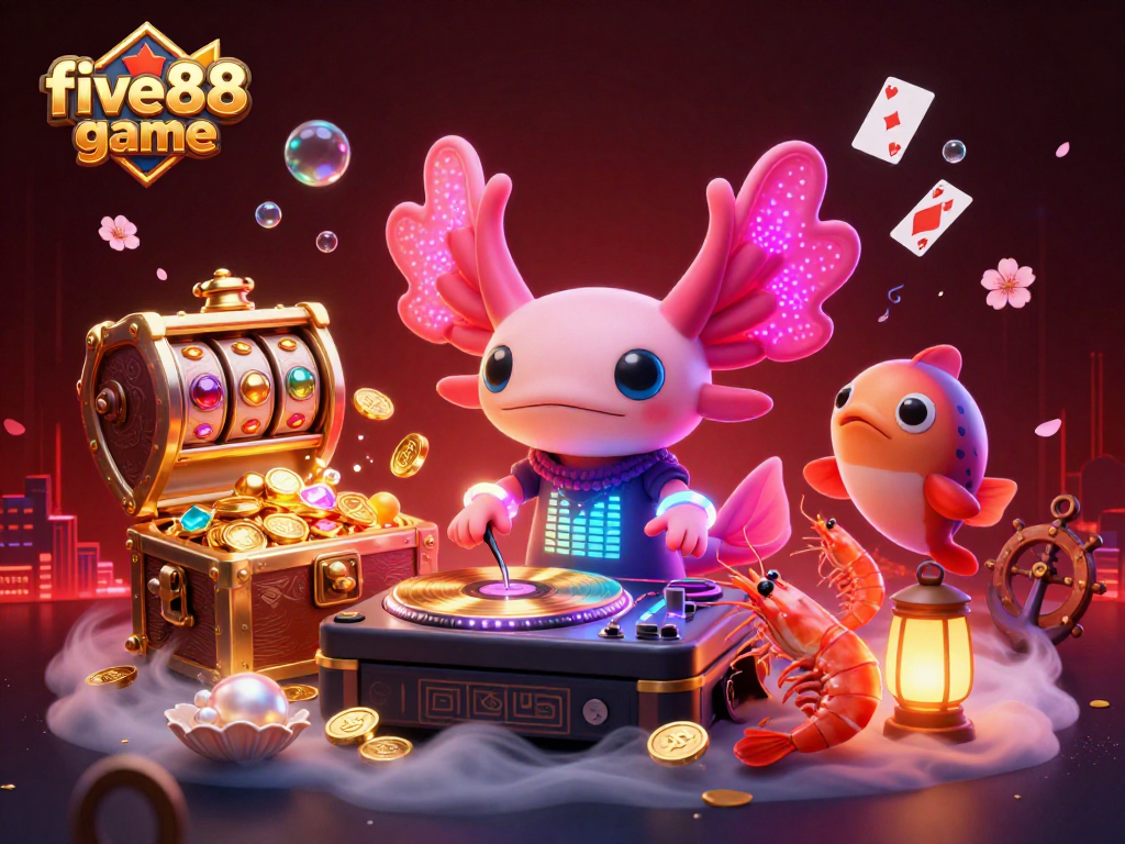 Experience the fun with five88 game, featuring dynamic 3D characters and colorful casino elements swimming around.