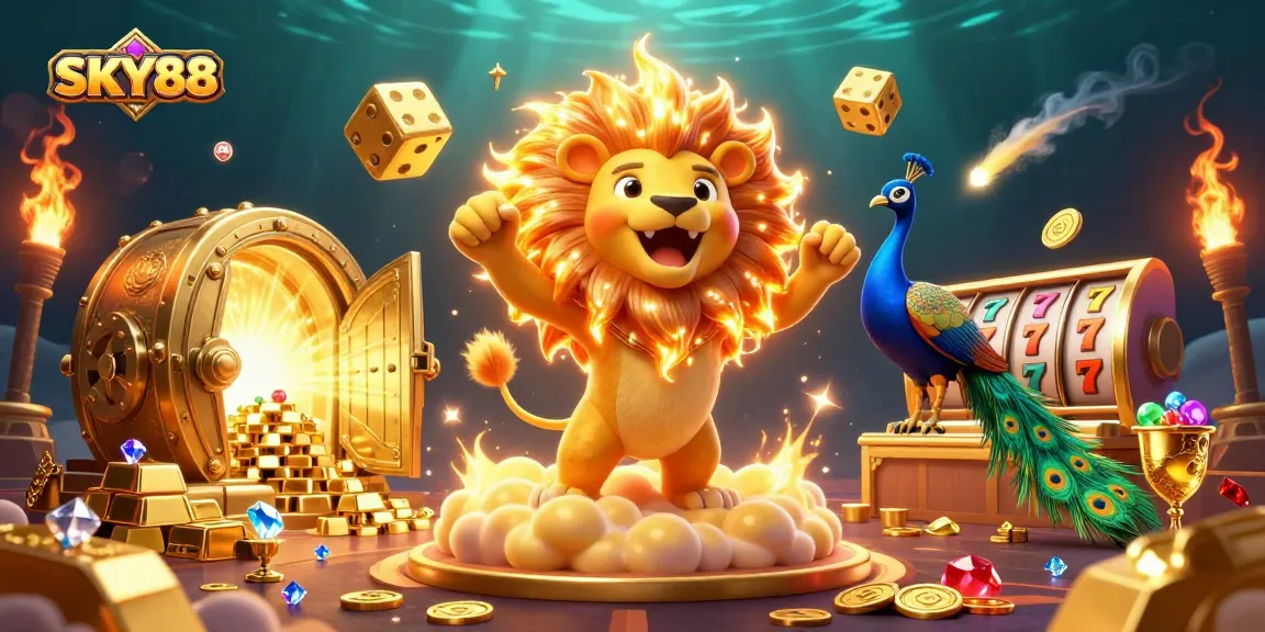 Play slots and win big with SKY88 in an ultra-detailed casino scene filled with gold and excitement.
