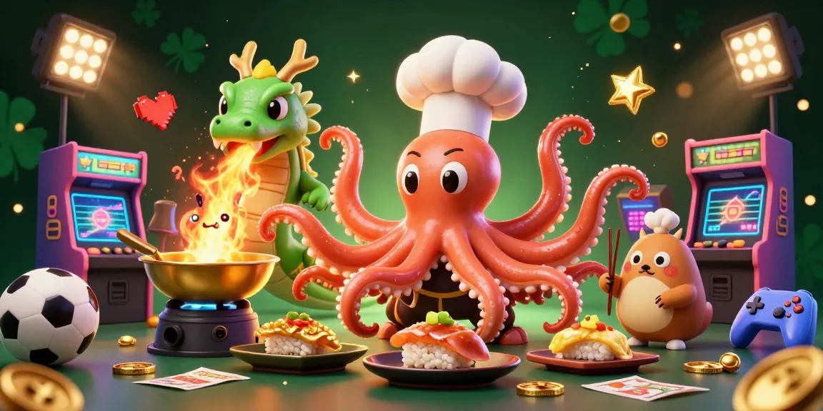 Engage in soccerbetting with a vibrant 3D illustration depicting an octopus chef, dragon, and tanuki amidst sports-themed elements.