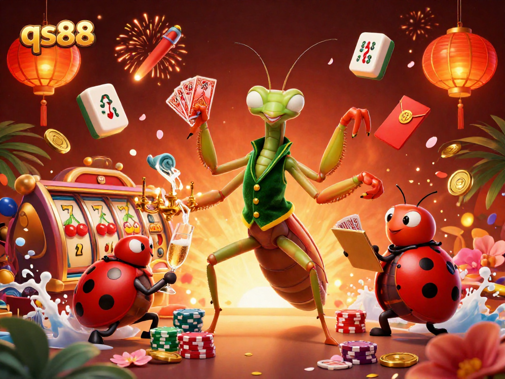 Active players enjoying thrilling qs88 slot games surrounded by vibrant 3D casino elements