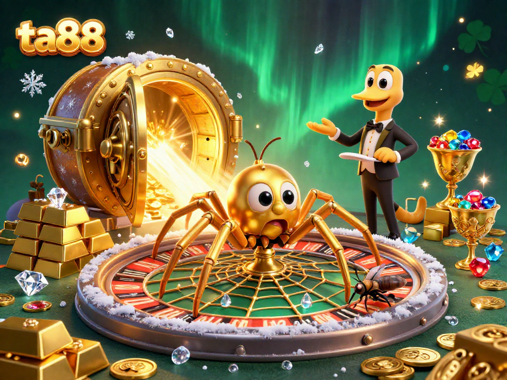 Experience the excitement at ta88 with a vibrant illustration of a 3D casino scene filled with games and treasures.