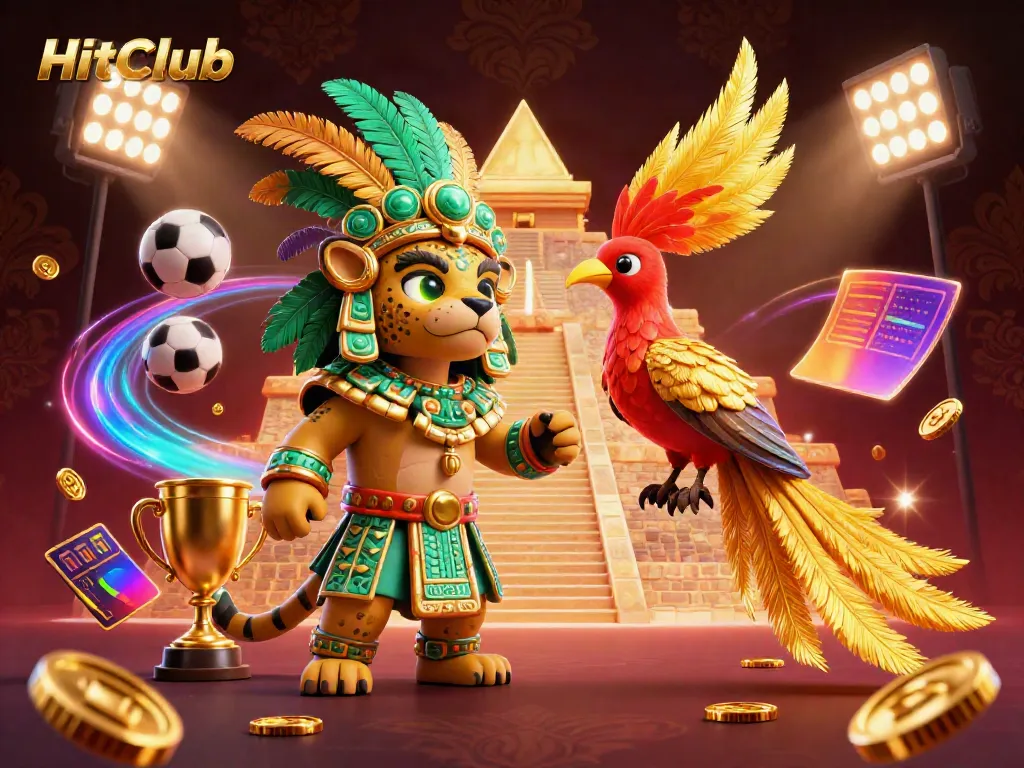 Engage with HitClub as a Mayan priest and quetzal bird celebrate thrilling casino elements in vibrant 3D.
