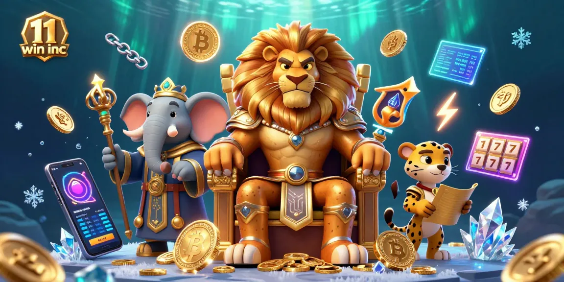 Experience thrilling wins at 11 win inc with a vibrant 3D casino illustration featuring a lion king and crypto elements.