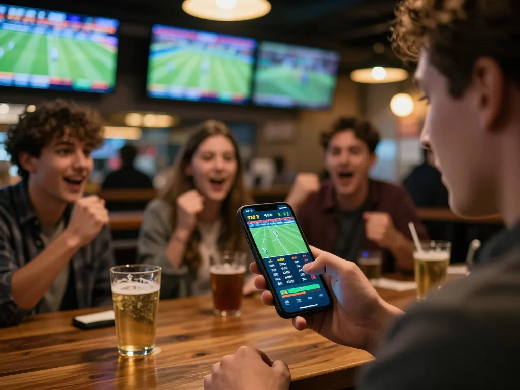 Engaging sports betting experience featuring Link Lu88 chính thức on a smartphone amidst lively atmosphere.