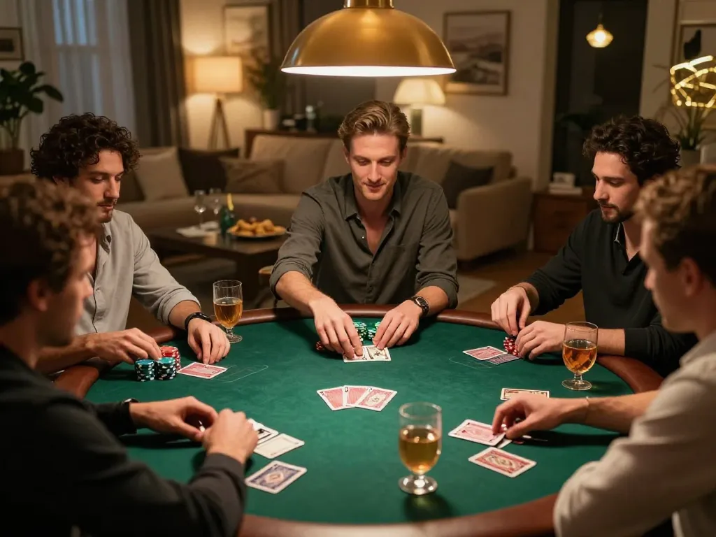 Players enjoy a friendly Texas Hold'em game at home, creating a social atmosphere for B52 strategy.