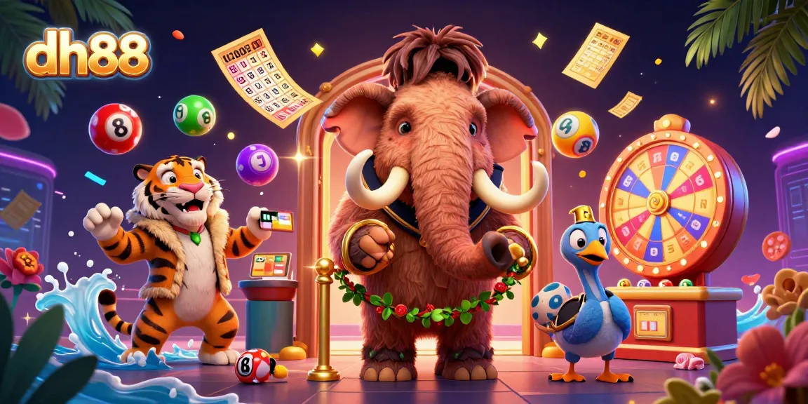 Enter the vibrant world of dh88 with a dynamic casino scene featuring a mammoth bouncer and exciting lottery elements.