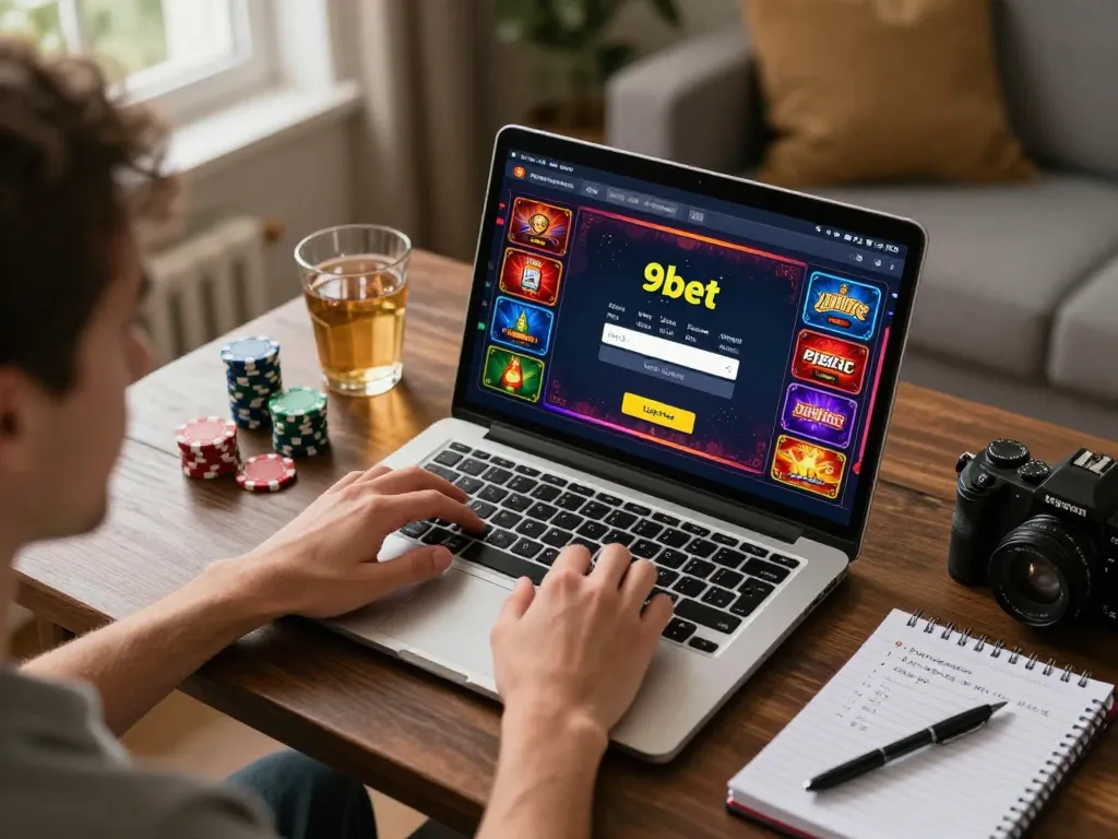 Login 9bet interface displayed on laptop screen during an engaging online gambling session.
