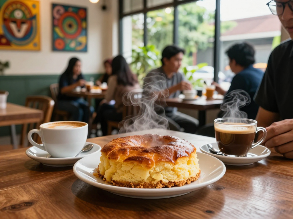 Enjoying rokok 88 bolu bakar with coffee in a cozy café setting.