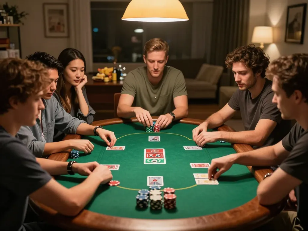 Friends enjoying an engaging poker night with chips and cards at the heart of the action, rik88