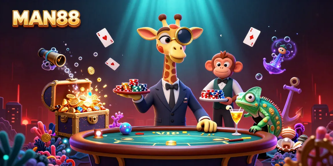 Join the thrilling gaming experience at MAN88 with a high-roller giraffe, a monkey valet, and a chameleon bartender.