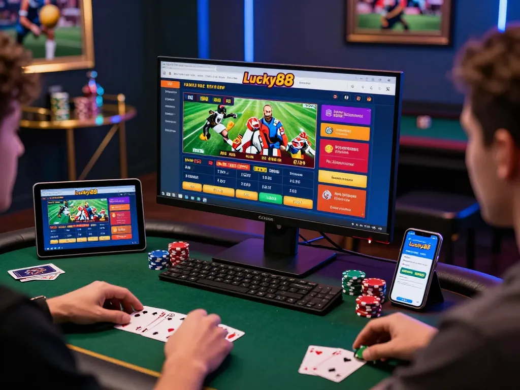 Engaging online gambling scene showing Link mới Lucky88 interface and gaming accessories in a vibrant setup.