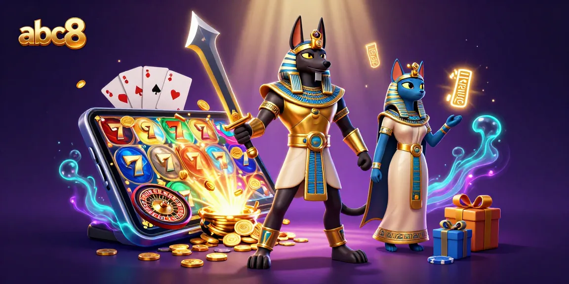 Engage in thrilling casino action at abc8 with Anubis and Bastet amidst captivating slot games and riches.
