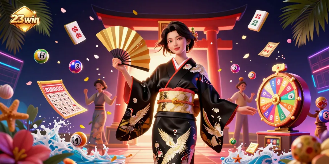 Experience the thrill of 23win with dynamic gaming elements and a stylish Asian character celebrating wins.