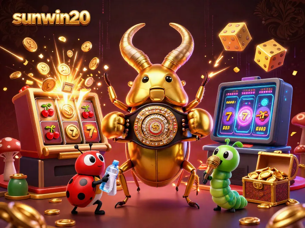 Experience the excitement at sunwin20 with a vibrant casino-themed illustration featuring lively game elements.