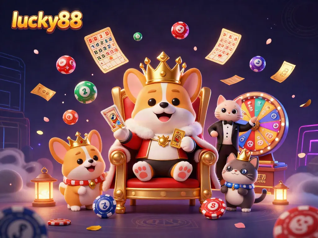 Engage with lucky88's vibrant casino atmosphere, featuring royal corgi and colorful game elements.