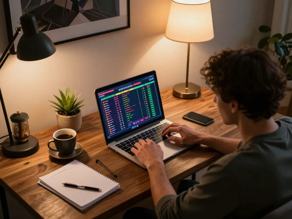 Engaging in w 88 online betting with colorful charts and notes on a stylish home desk.
