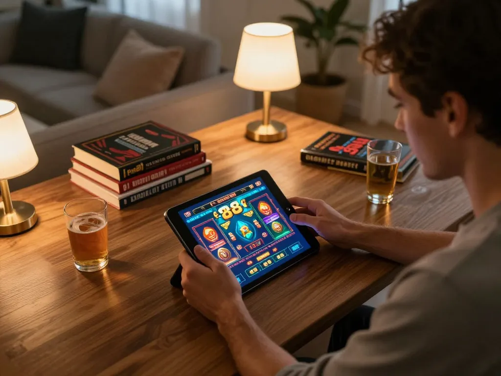 Engaging in online fun88 gameplay with tablet in a cozy home setup, embodying strategic gambling.