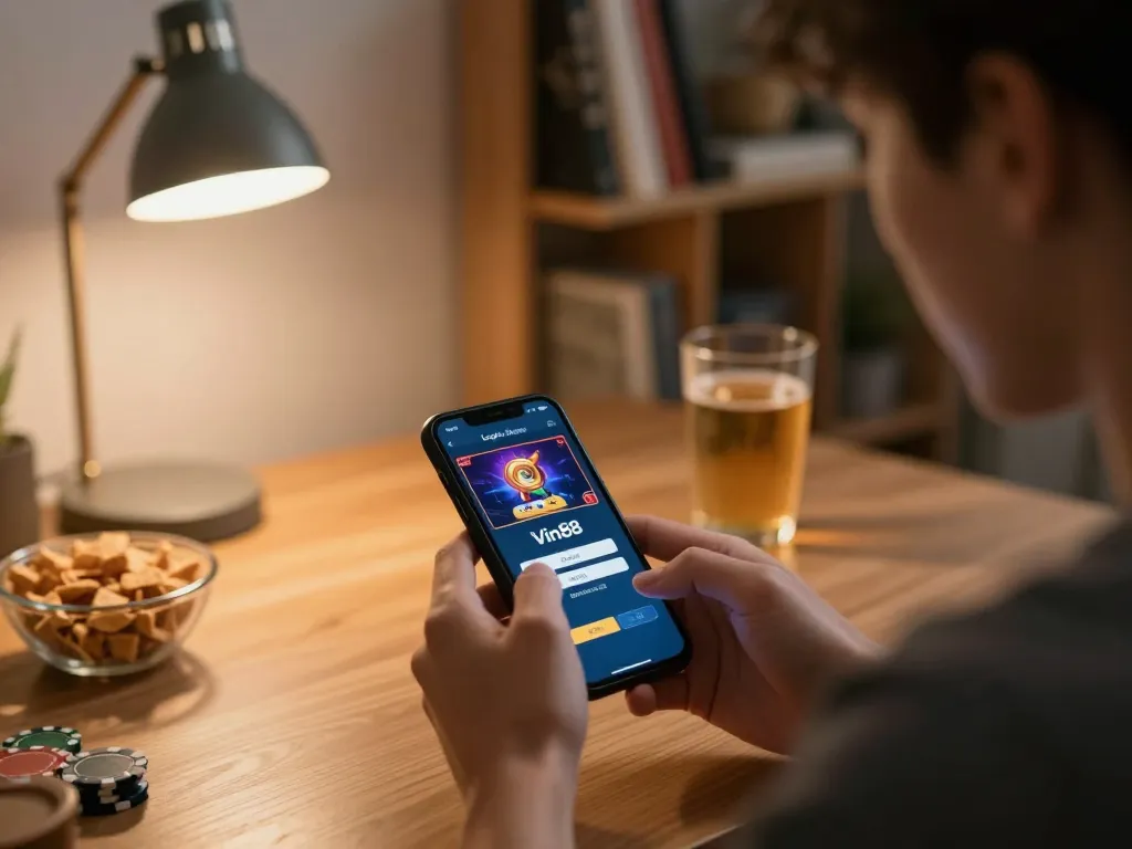 Login Vin88 screen displayed on smartphone during online gambling session in cozy home setting.