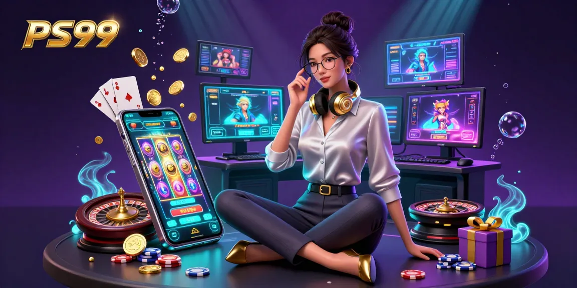 Experience gaming thrills with PS99 as vibrant slot games and casino elements explode in this stunning illustration.