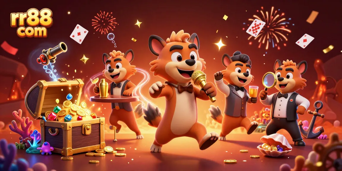 Engage in thrilling games at rr88 com's vibrant casino scene featuring entertaining hyena characters.