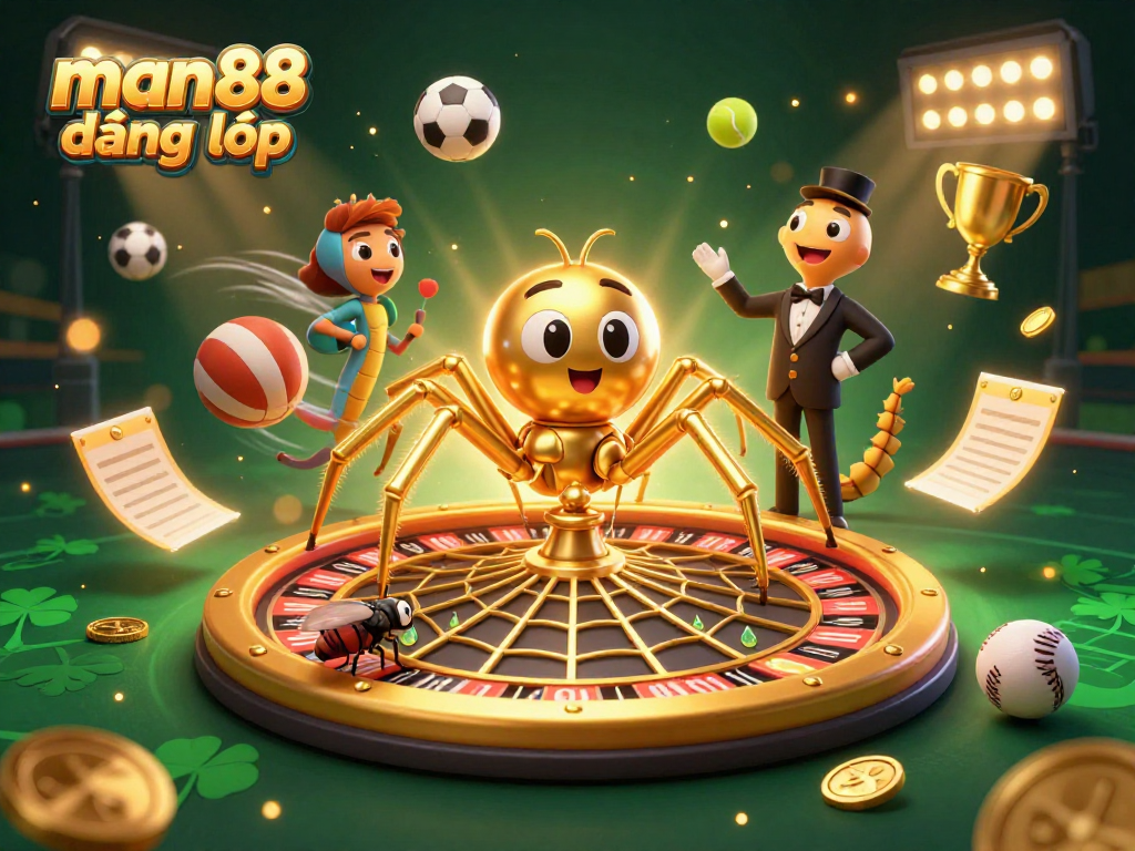 Engage in thrilling gameplay with man88 đăng nhập, featuring a golden spider at a vibrant roulette wheel.