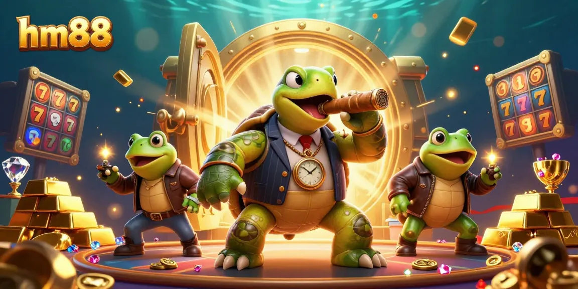 Experience vibrant casino action with hm88 as cartoon turtle mobster and bullfrog enforcers celebrate golden riches.