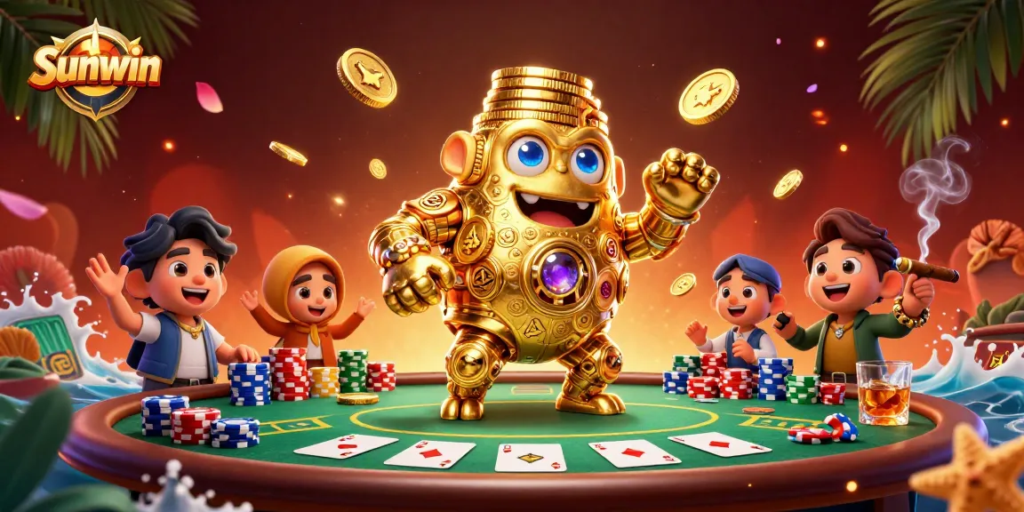 Engage with the vibrant Sunwin casino atmosphere featuring a golden golem and poker table elements.