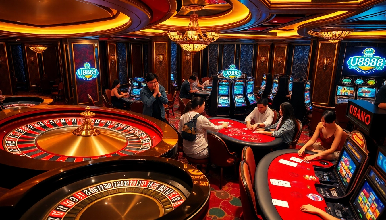 Exciting game night at U8888 casino with roulette, poker tables, and slot machines.