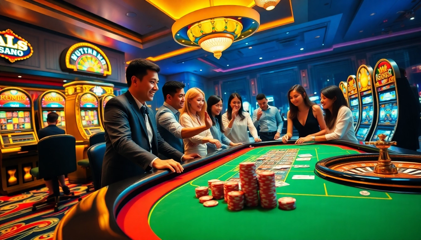 Players enjoying thrilling games at Lucky88's online casino, featuring vibrant slots and colorful chips.