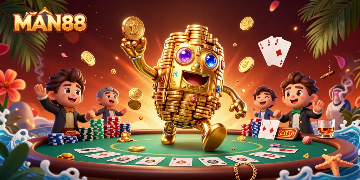 MAN88 offers an immersive poker experience featuring a golden golem surrounded by dynamic casino elements.
