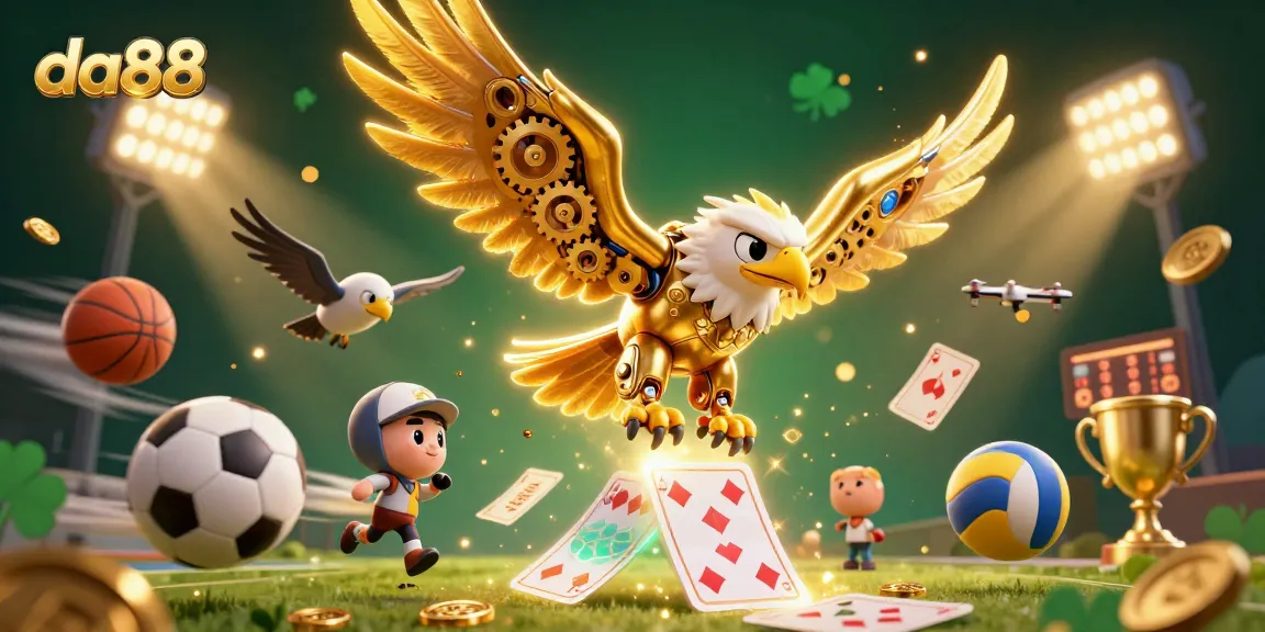 da88 showcases a thrilling cybernetic eagle amid sports betting excitement, dynamic golden elements and cards.