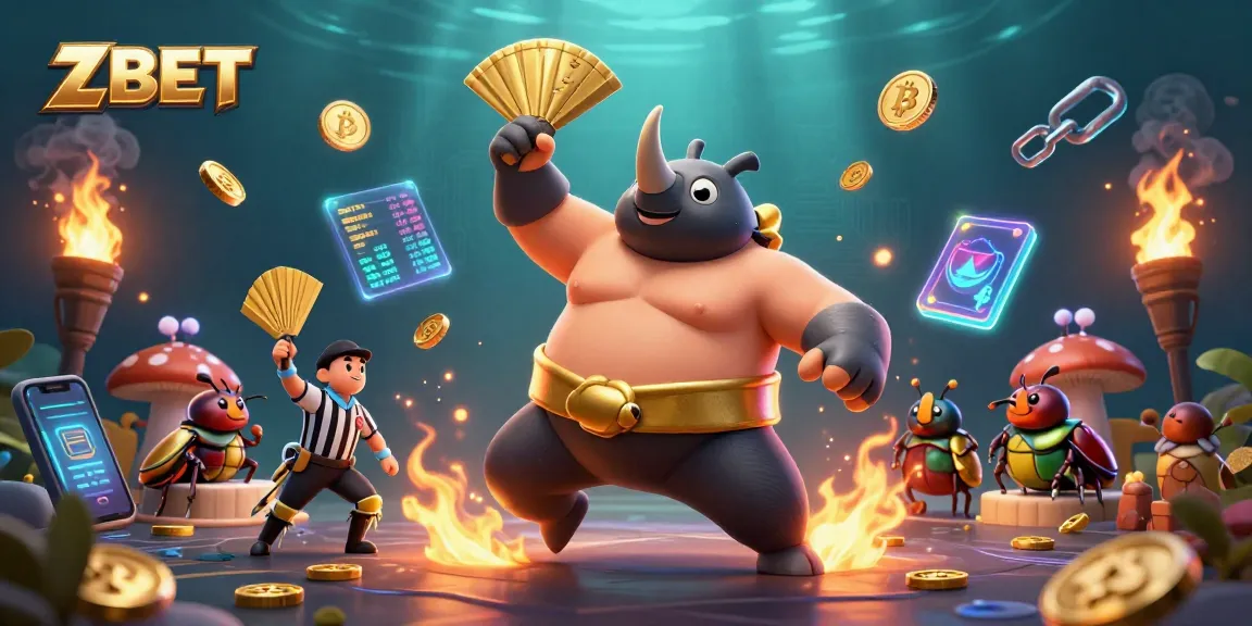 Experience exhilarating gameplay at ZBET with a dynamic scene featuring a beetle champion and crypto elements.
