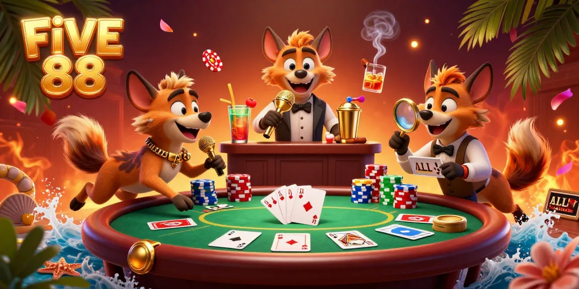 Experience the excitement of FIVE 88 with hyenas in a lively casino setting, enjoying poker and comedy.